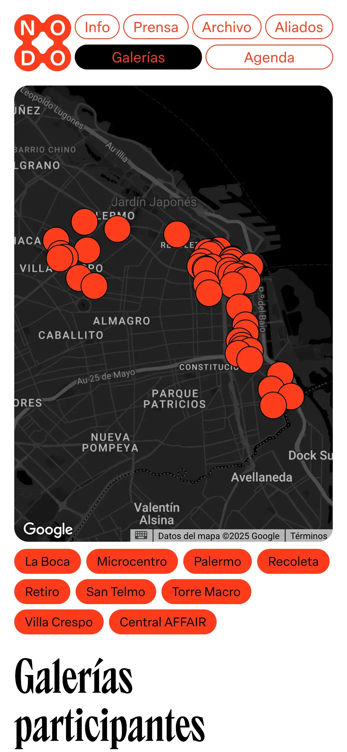 NODO - Mobile view of the map page with the current location of the galleries