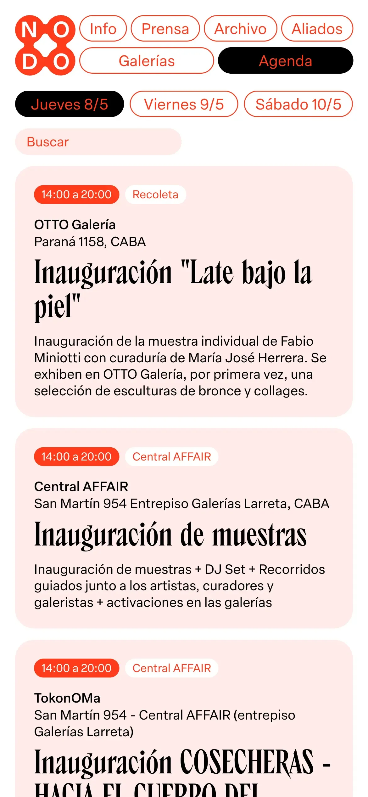 NODO - Mobile view of the agenda page with the upcoming events