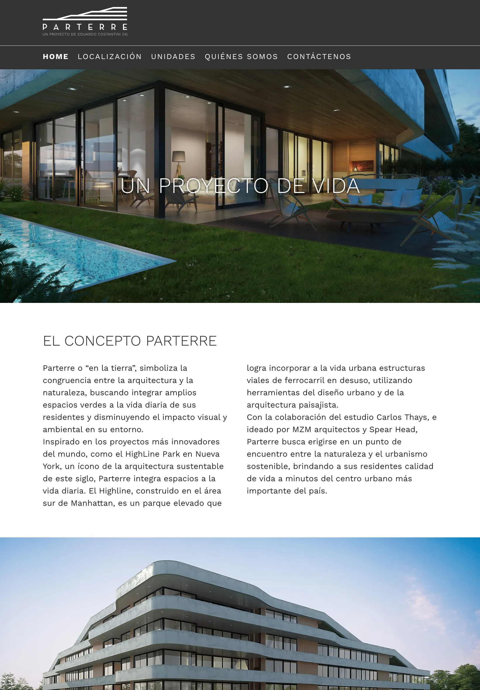 Parterre Residencias - Tablet interface of the website showing interior design